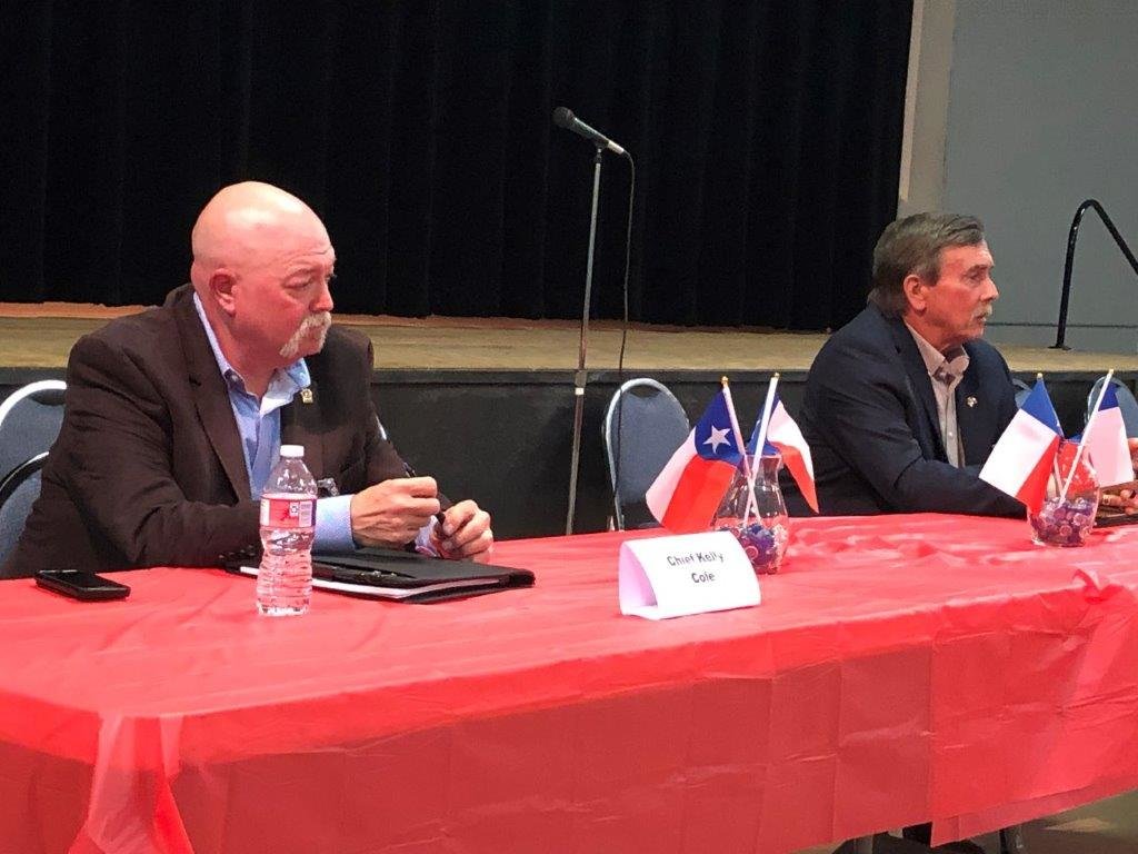Kelly Cole (left) and Tom Castloo talked to those gathered at Quitman Civic Center for a political forum sponsored by the Lake Country Republican Club. They are candidates in the July 14 runoff. Early voting is underway. (Monitor photo by Larry Tucker)
